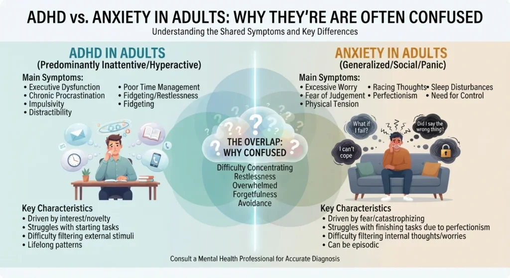 ADHD vs Anxiety in Adults: Why They're Often Confused